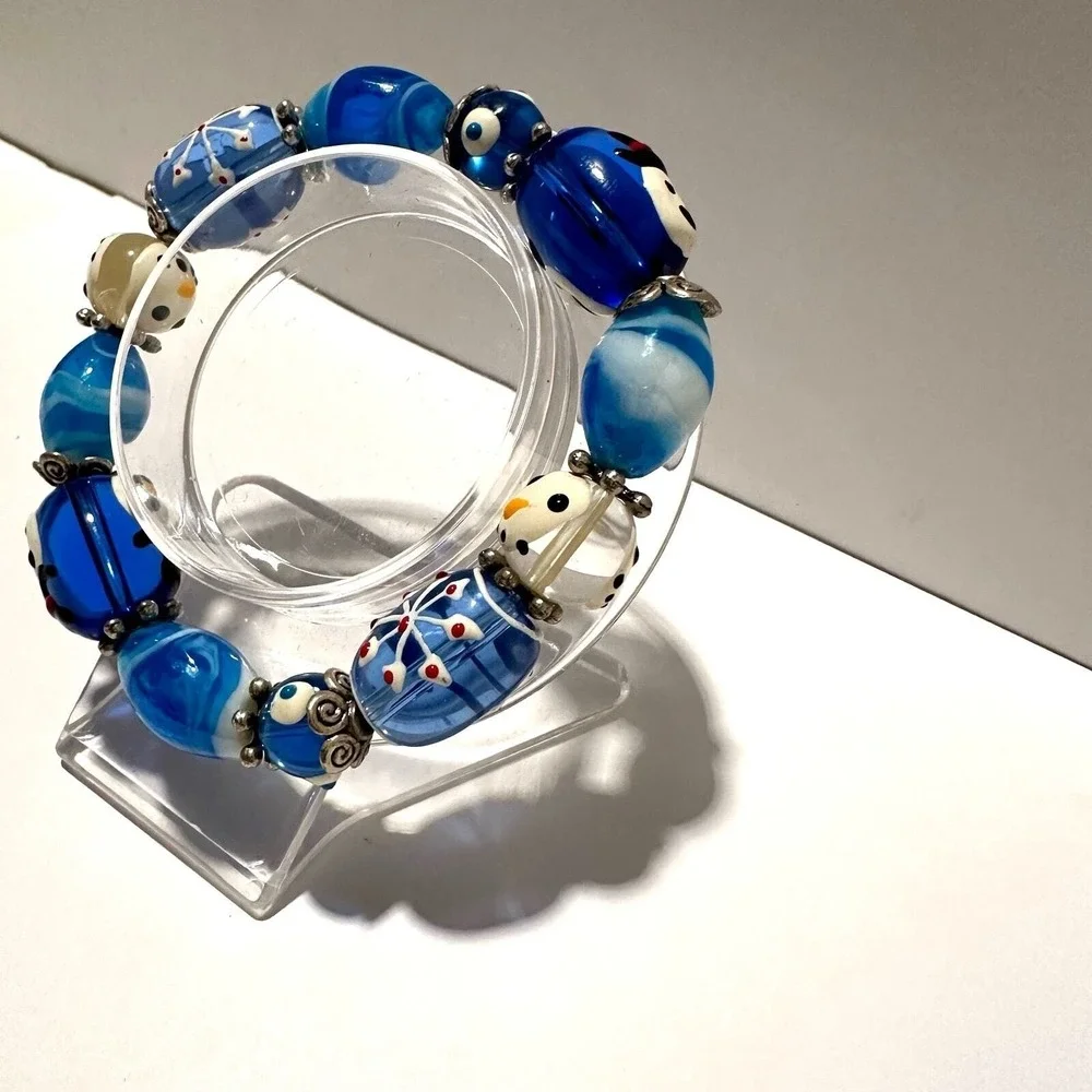 Glass Beads Stretch Bracelet Blue White Snowman Snowflake‎ Christmas Handmade